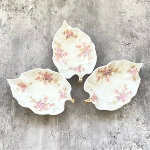 Antique Elite Limoges S M Leaf Bone Dish Plate Set Pink Flowers Gold Set 3 c1800
